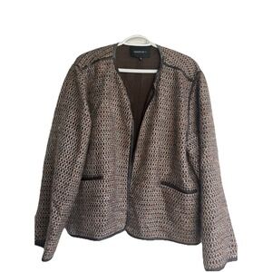 Lafayette 148 New‎ York Wool Blend Tweed Blazer Leather Trim Size XXLBrown *READ